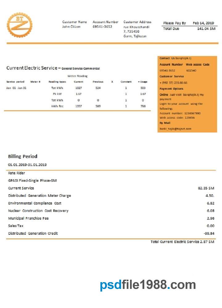 Tajikistan Barqi Tojik Company Electricity Utility Bill